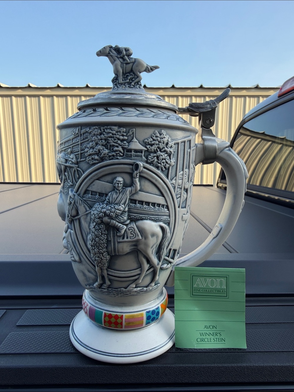Avon Gray Ceramic Winner's Circle Stein with Multicolor Base